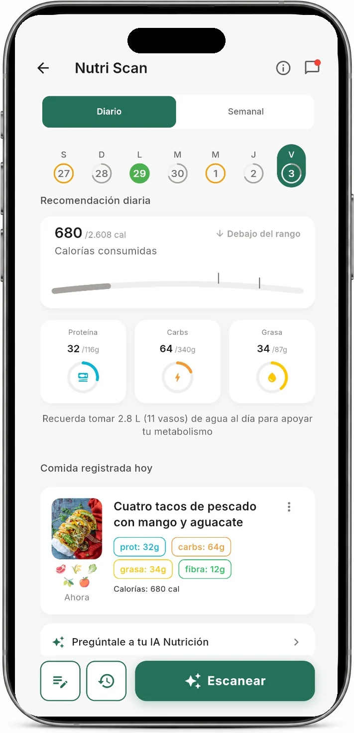 Pantalla de Nutriscan en la app Revert